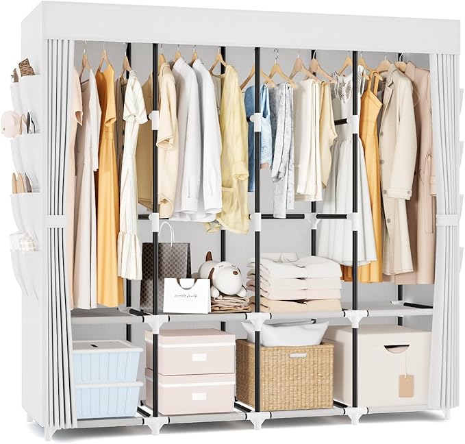 Portable Closet for Hanging Clothes, 67 Inch Wide Portable Wardrobe Closet with Cover, 4 Hanging Rod, Storage Shelves and Sid