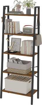 Hzuaneri Ladder Shelf, Bookshelf Bookcase, Freestanding Corner Storage Shelve with 2 Hooks for Home Office, Living Room, Kitc