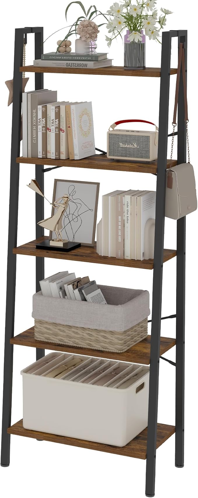 Hzuaneri Ladder Shelf, Bookshelf Bookcase, Freestanding Corner Storage Shelve with 2 Hooks for Home Office, Living Room, Kitc