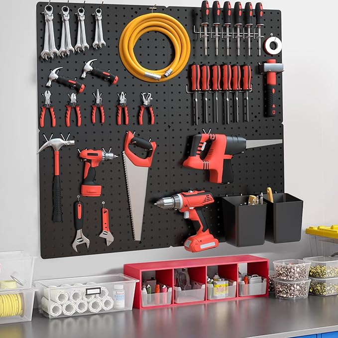 FZK Peg board Kit, Peg Board with Hooks, Includes 4 Black Pegboards and Accessories, Plastic Pegboard,Pegboard Wall Organizer