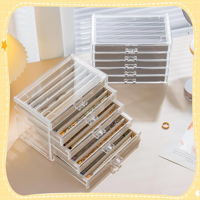 Necklace Organizer Box with 5 Drawers 30 Compartments, Dustproof Velvet Necklace Display Tray, Acrylic Necklaces Display Case