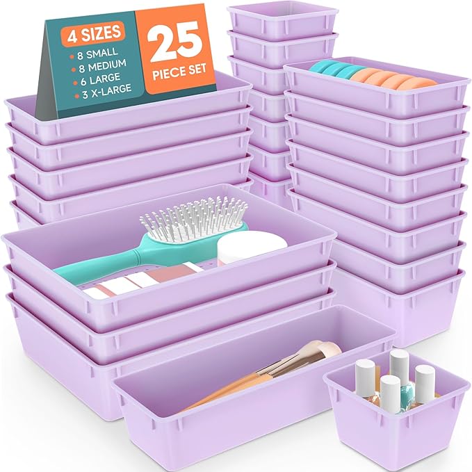 WOWBOX 25 PCS Plastic Drawer Organizer Set, 4 Sizes Desk Drawer Divider Organizers and Storage Bins for Makeup, Jewelry, Gadg
