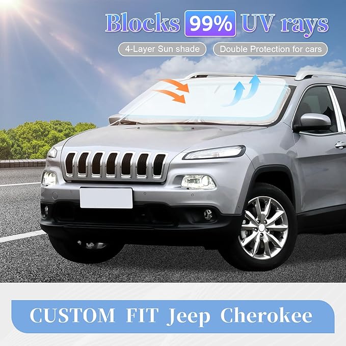 for Jeep Cherokee 2014-2025 2026 Sun Shade Windshield Sunshade Cover, 4-Layer Front Window Shade Custom Fit Cherokee Sun Visor 240T Fabric Car Cooler Accessories (NOT for Jeep Grand Cherokee)