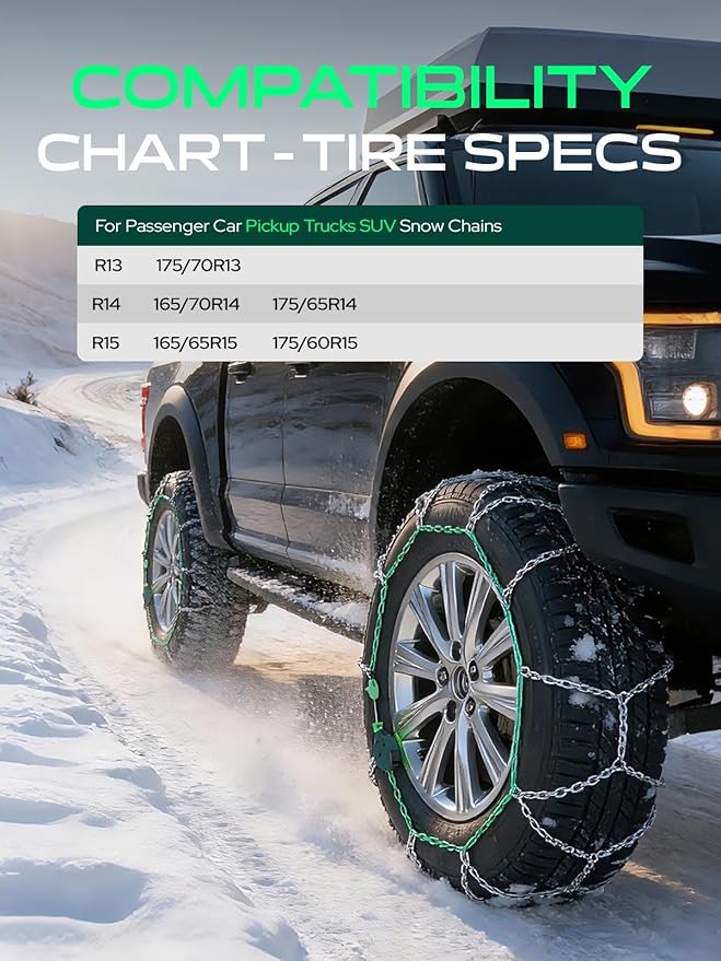 YHTAUTO Set of 2 Snow Chains 12MM Fit 175/70R13 165/70R14 165/65R15 175/65R14 175/60R15 Pickup Truck SUV Passenger Car Tire C