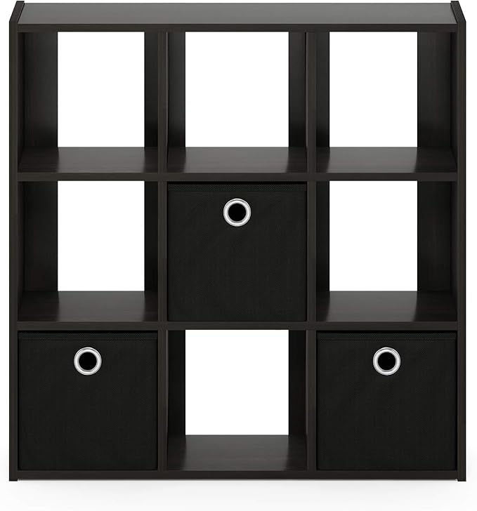 Furinno Simplistic 9-Cube Organizer with Bins, Small Size (Assembled unit dimensions : 7.9"D x 26.5"W x 26.7"H inches), Espre