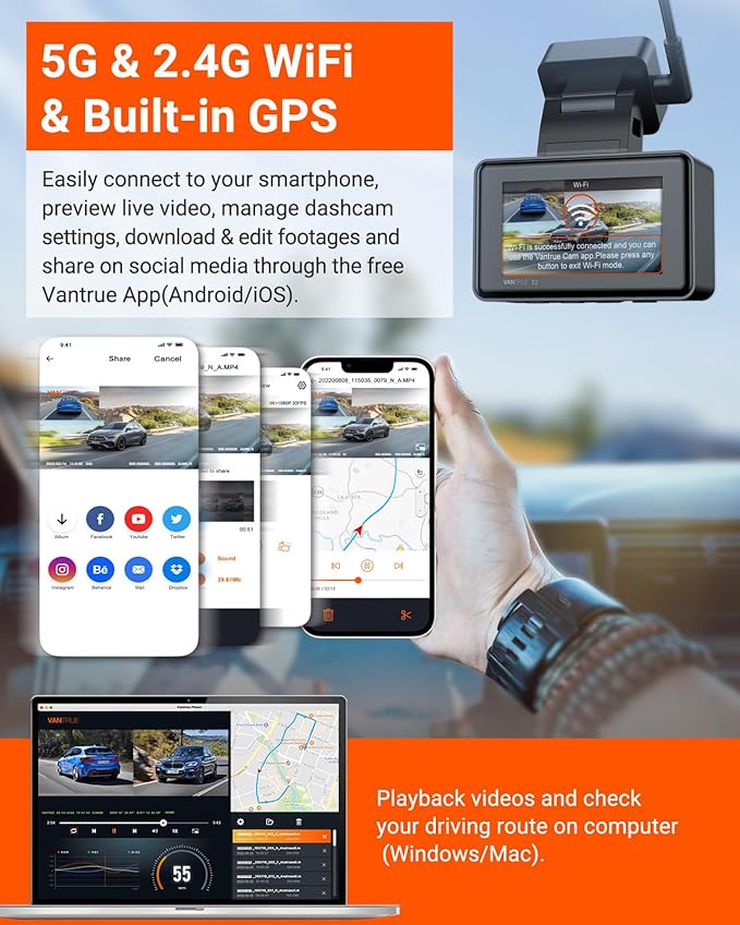 Vantrue E2 Dash Cam Front and Rear, 2.7K Upgrade Rear Cam, Dual STARVIS, 2.7K + 2.7K Dash Camera for Cars, Voice Control, WiF