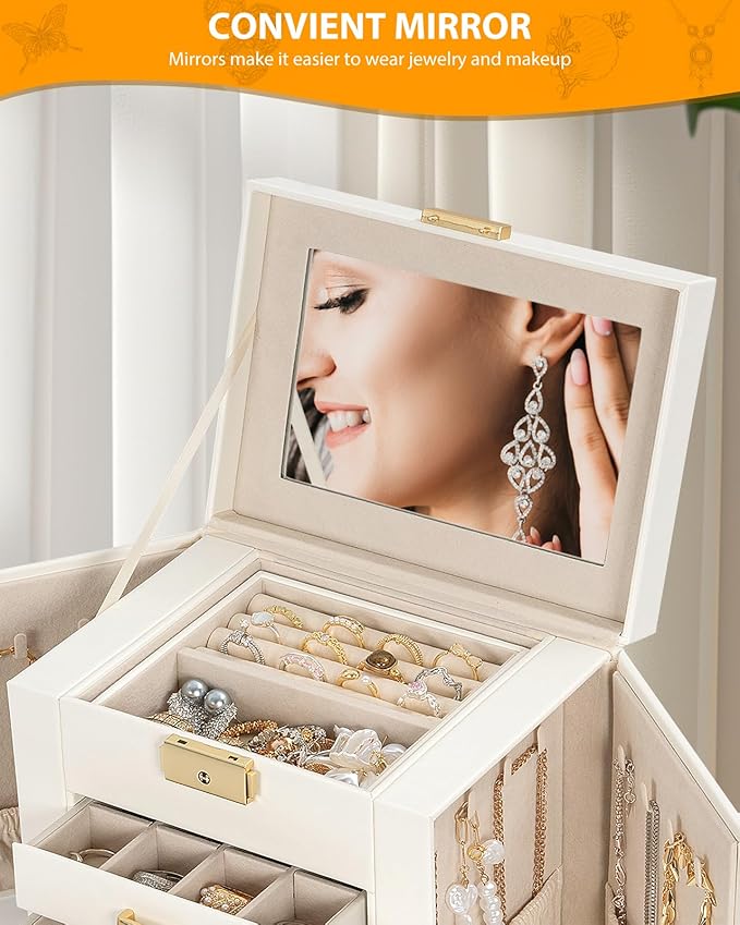 AKOZLIN 4-Tier Jewelry Box Leather Jewelry Storage Organizer with 3 Drawers Lockable for Women Girls Ring Necklace Earring Br