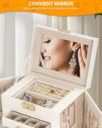 AKOZLIN 4-Tier Jewelry Box Leather Jewelry Storage Organizer with 3 Drawers Lockable for Women Girls Ring Necklace Earring Br