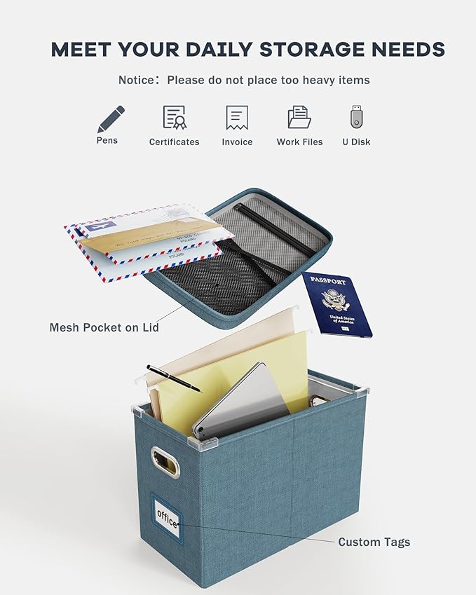 Oterri File Organizer Box with Lid, Hanging Filing File Box with Mesh Pocket, Document Organizer Box for Letter Files, Portab