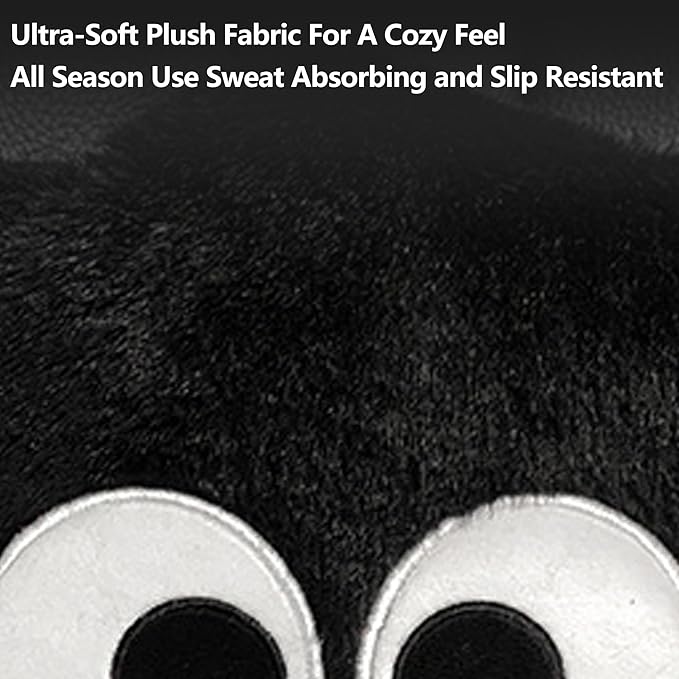 Car Headrest Pillow & Steering Wheel Cover Set with Cute Big-Eyed Furball Travel Neck Support Pillow Fur Car Interior Accessory (Black 3Pcs Set)
