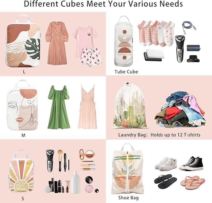 6 Pcs Compression Packing Cubes, Packing Cubes for Travel, Waterproof Luggage Organizer Bags Set, Cute Packaging Cubes for Wo
