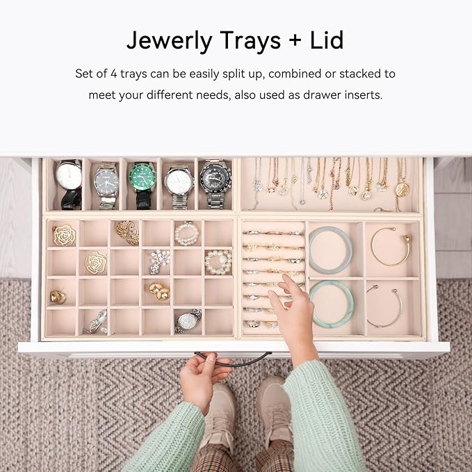 Voova Stackable Jewelry Organizer Tray with Lid, PU Leather Jewelry Storage Holder for Drawer Inserts, Jewellery Display Box 