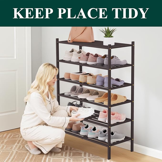 Smiry Bamboo Shoe Rack 6-Tier, Stackable Wooden Shoe Organizer for Entryway & Closet, Free Standing Wood Shoe Storage Shelf f