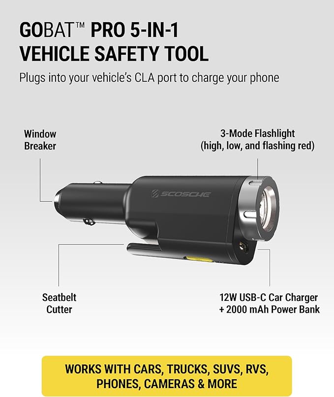 Scosche PB5N1 GoBat Pro 5-in-1 Vehicle Safety Kit, Emergency Car Escape Tool with Seatbelt Cutter, Glass Window Breaker, LED 