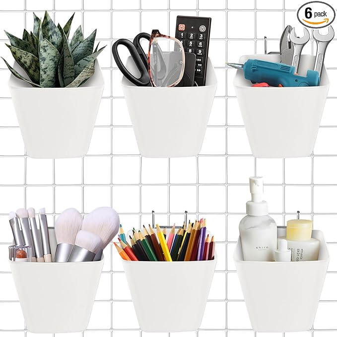 G.CORE Large Grid Wall Bins - 6Pack White Gridwall Accessories Hanging Cups with Back Hooks - Plastic Grid Wall Panels Organi