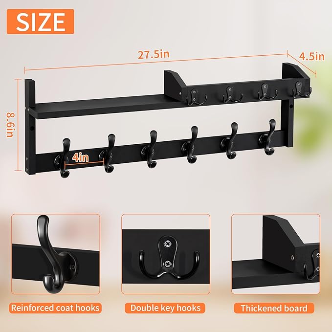 Coat Rack Wall Mount with Shelf, 27.5" Entryway Wall Hanging Shelf, Coat and Key Hanger with 10 Dual Hooks, Mail Organizer an
