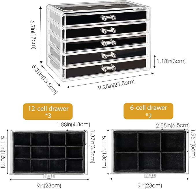ProCase Earring Holder Organizer Jewelry Box with 5 Drawers, Acrylic Clear Earring Case with Adjustable Velvet Trays for Wome