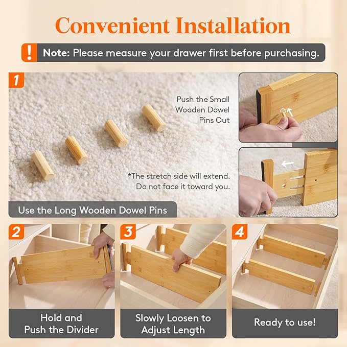 Lifewit 5" High 8 Pack Bamboo Drawer Dividers 45-55cm/17.5-22" Adjustable Wooden Drawer Organizer for Clothes/Utensils, Expan