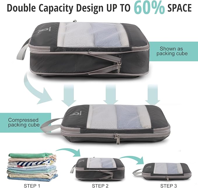 Compression Packing Cubes for Travel, Bunnychill Portable Zipper Packing Cube for Cloting, Expandable Space Saver Storage Lug