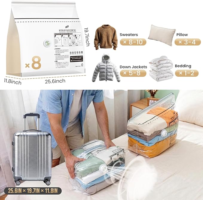 TAILI 8 Pack Cube Vacuum Storage Bags, Medium Size (25x19x11 inch), Vacuum Seal Bags for Clothing, Compression Bags for Trave