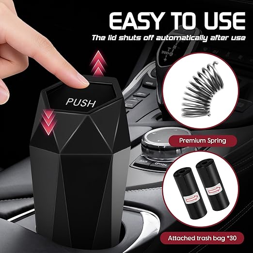 Car Trash Can with Lid, Mini Car Trash Cup with 30 Additional Trash Bags, Car Accessories for Interior, Leakproof Vehicle Garbage Bin for Car, Home, Office - 2 Packs, Black