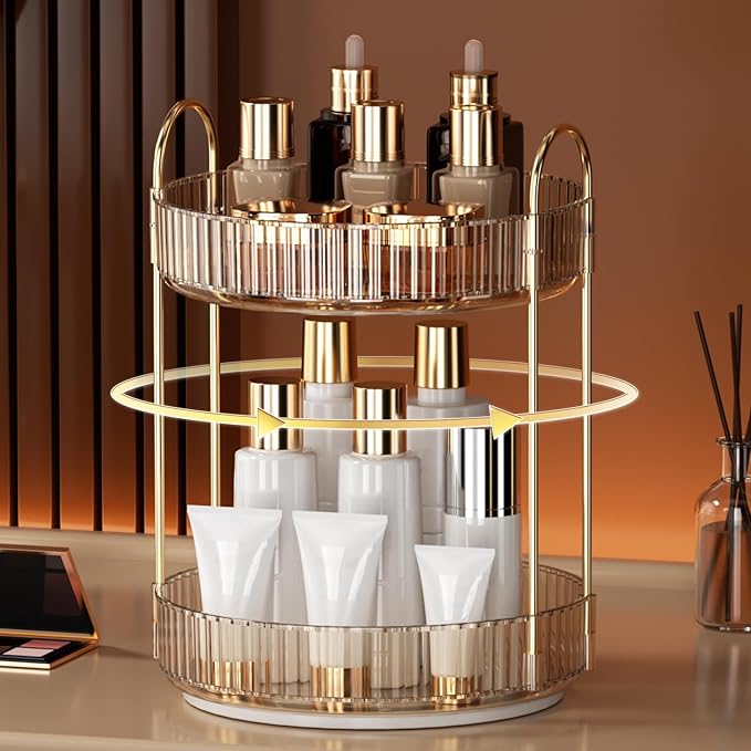 YCIA&DONE 360 Rotating Makeup Organizer and Storage for Vanity Countertop 2 Tiers, High Capacity Cosmetic Skincare Perfume Or