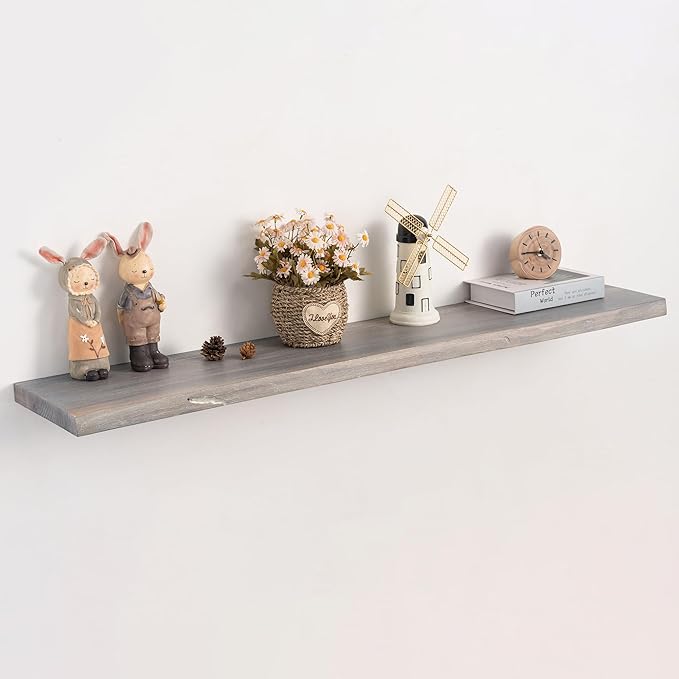 Live Edge Floating Shelf, 48 Inch Solid Elm Wood - Weathered Gray Rustic Wood Wall Shelf with Invisible Brackets for Living R