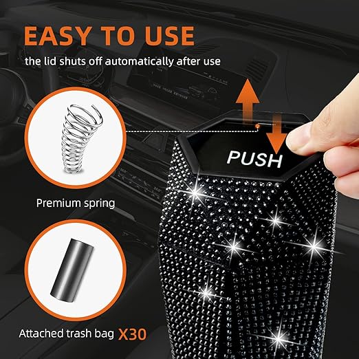 NBTEPEM Bling Car Trash Can with Lid, Bling Car Accessories Trash Bin, Leakproof Auto Garbage Can with 30 Trash Bags, Multipurpose Organizers and Storage for Home, Office (Black Diamond)
