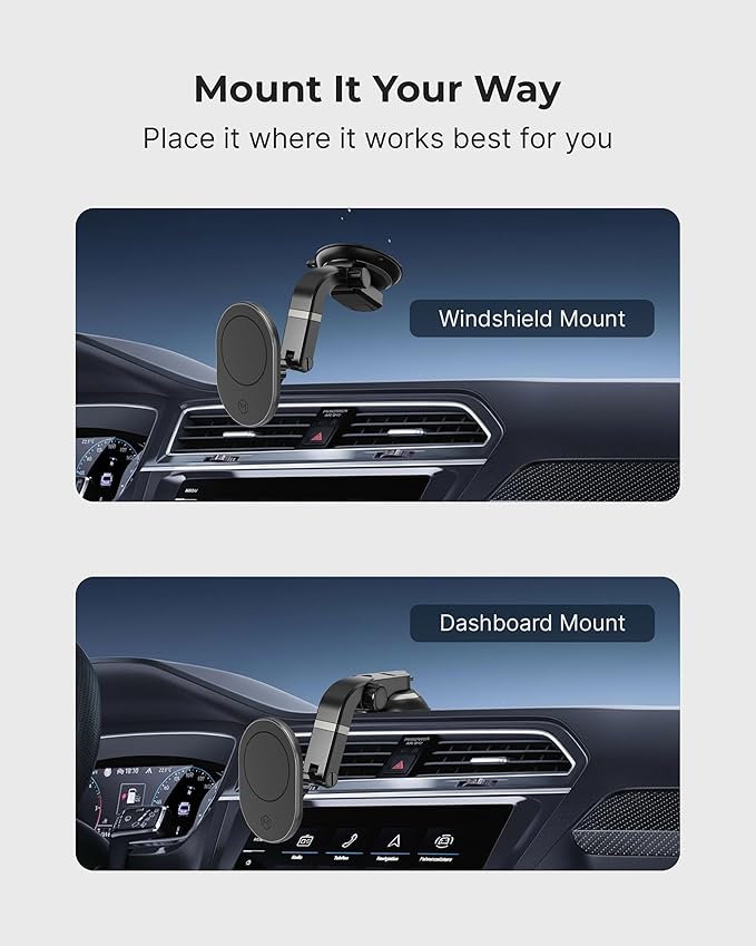 Magnetic Phone Car Mount - Magnetic Cell Phone Holder for Car - Perfect for Magsafe Compatible Device iPhone 12-17 & iPhone Air, Galaxy, Smartphone - Multi-Angle Adjustable Suction Cup