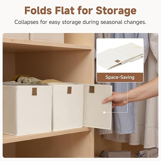 StorageWorks Narrow Storage Baskets for Shelves, Small Storage Bins, Fabric Storage Bins with PU Handle, Ideal for Clothes, U