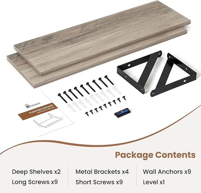 Axeman Floating Shelves for Wall 24 Inch | 24W x 8D Rustic Grey Floating Shelves Set of 2 | 8 Inch Deep Wall Shelves for Bath