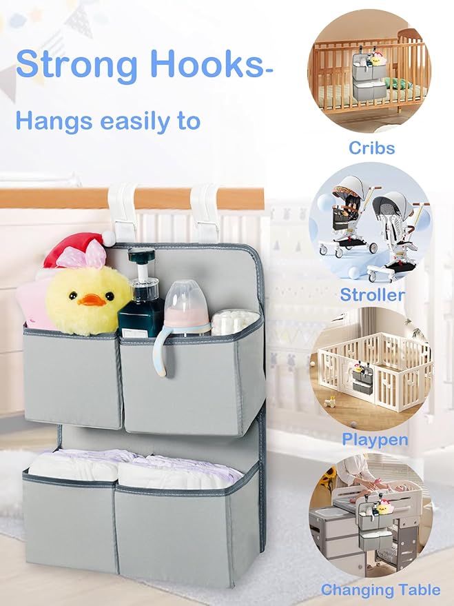 Hanging Diaper Organizer for Crib/Playard/Bassinet/Playpen – Hold 80+ Diapers - Changing Table Diaper Holder - Hanging Diaper