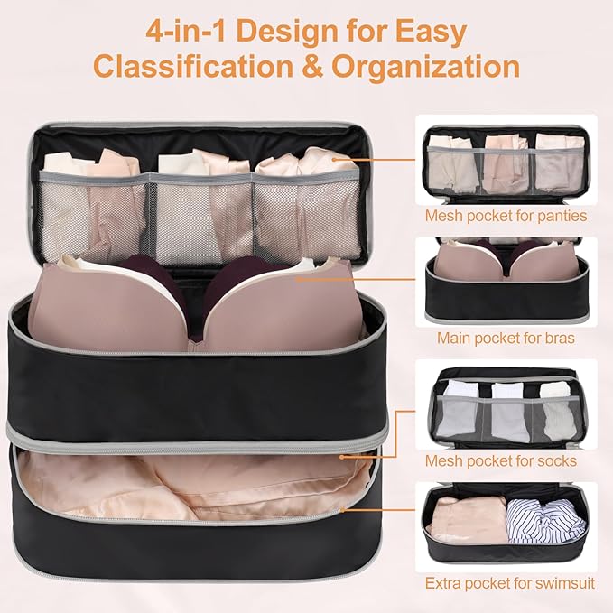 Cambond Travel Underwear Organizer Bag - 4-in-1 Soft Double Layer Bra Travel Bag, Portable Expandable Compression Packing Org