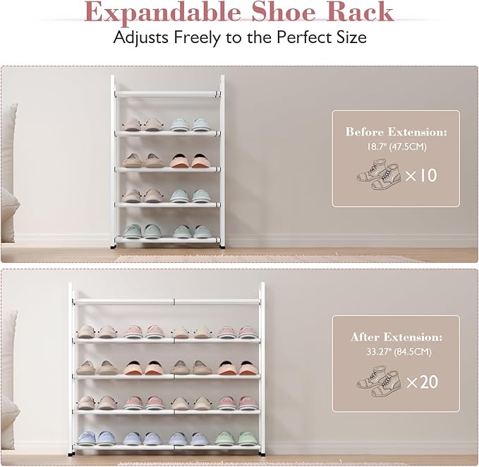 Bumusty 5-Tier Expandable Shoe Rack for Closet, 18“-33” Adjustable Shoe Rack for Small Space, Small Shoe Organizer for Front 