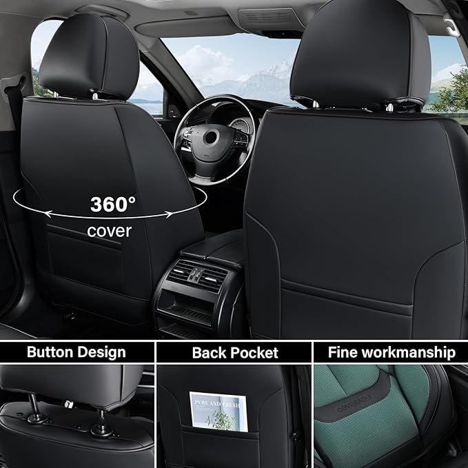 Coverado Seat Covers Full Set, Car Seat Covers Front Seat and Back Seat, Breathable Fabric&Leather Car Seat Protectors, Unive