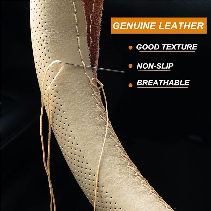 AUTOXBERT 38cm/15 Inch Genuine Leather DIY Steering Wheel Cover Soft Hand Sewing On Wrap Cover with Needles Thread fit for VW