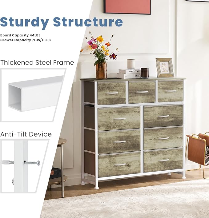 DUMOS 9 Drawer Dresser for Bedroom, Fabric Storage Organizer with Sturdy Metal Frame, Wooden Top Chest of Drawers for Closet 
