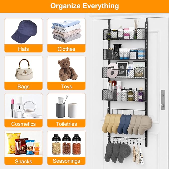 Over the Door Organizer, 2 in 1 Metal Hanging Closet Organizer & Hat Rack with 4 Adjustable Baskets, 8 Hooks, 10 Clips, Behin