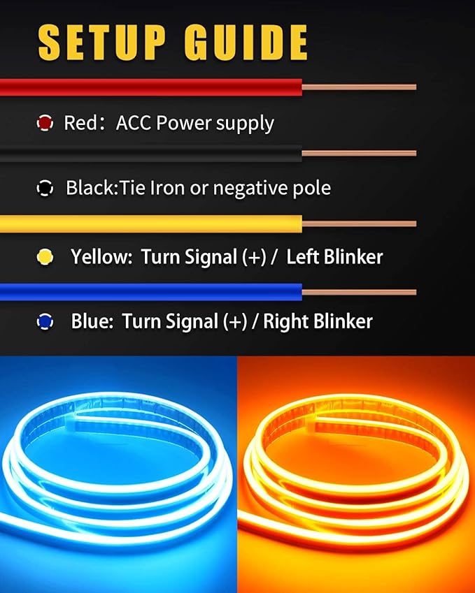 Dynamic Scan Start Up Hood Light Strip Sequential Flowing Turn Signal Lights Flexible Car Led Light Strip Exterior DRL Daytime Running Light,Dual Color Amber Ice Blue Switchback 12V 59inch (1Set)