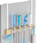Lorbro Broom Holder Door Mount, Over the Door Broom and Mop Holder with 2 Over Door Hooks, Wood Broom Hanger, Tool Rack Organ