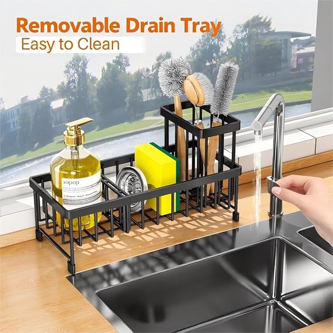 Black Sponge Holder for Kitchen Sink, Sink Caddy with Brush Holder Self-draining Sponge, Sturdy Rustproof Stainless Steel Kit