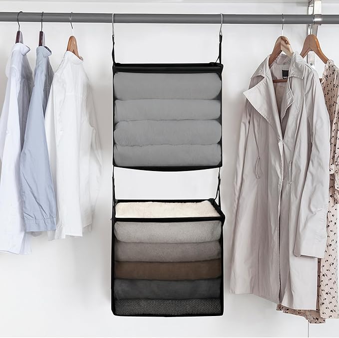 STORAGE MANIAC 2-Shelf Hanging Closet Organizer, Cloth Hanging Closet Shelf, Hanging Closets Baskets with Hooks for Dorm, Apt