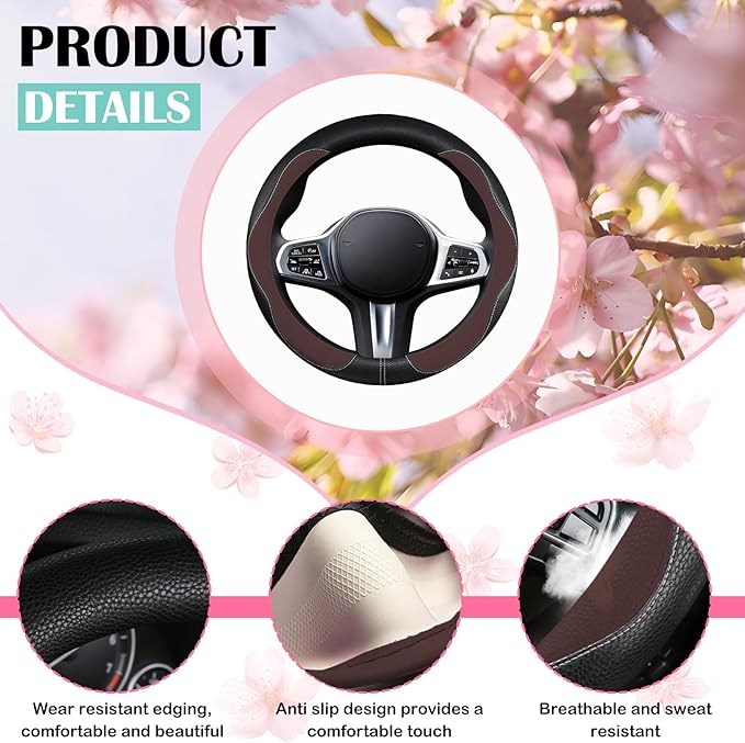 SuperKaKa Brown Car Steering Wheel Cover 2025, Universal Auto PU Cute Breathable Slip-Proof Comfort Imitation Leather Protect