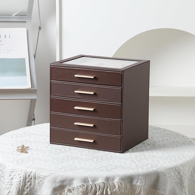Frebeauty Clear Lid Jewelry Box,5-Layer Jewelry Organizer with Drawer,PU Leather Jewelry Organizers and Storage,Jewelry Boxes