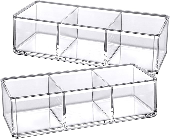 Amazing Abby - Glamour - 2-Pack Acrylic 3-Compartment Makeup Organizer, Transparent Plastic Lipstick Holder, Perfect Bathroom