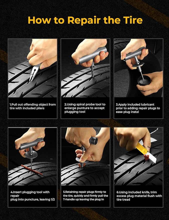 AUTOWN Flat Tire Repair Kit with Air Compressor 54 Pieces for Car, Motorcycle, ATV, Jeep, Truck, Tractor Flat Tire Repair (54