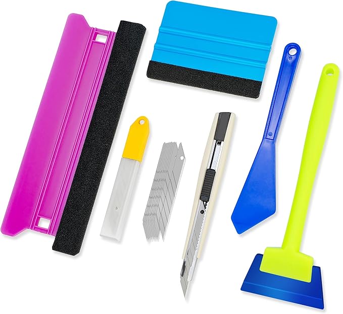 Car Vinyl Wrap & Window Tint Tool Kit, 6-Piece Film Installation Set with Felt Edge Squeegee, Long Handle Bulldozer, Gasket Tucker, Mini Water Wiper & Knife for Auto, PPF, Wallpaper