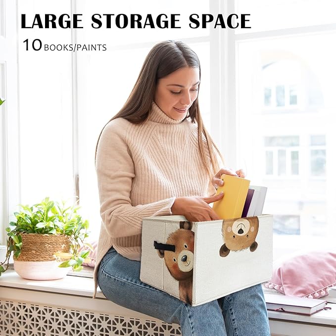 Rectangular Bear Basket Cute Animal Woodland Storage Basket Organizer Bins With Handles,Toy Baskets Storage Kids,Bear Laundry
