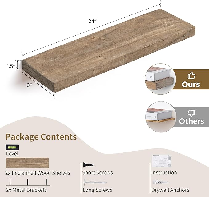 Floating Shelves, 8 Inch Deep Rustic Solid Reclaimed Wood Wall Shelves for Storage, Wall Mounted Display Shelving with Invisi
