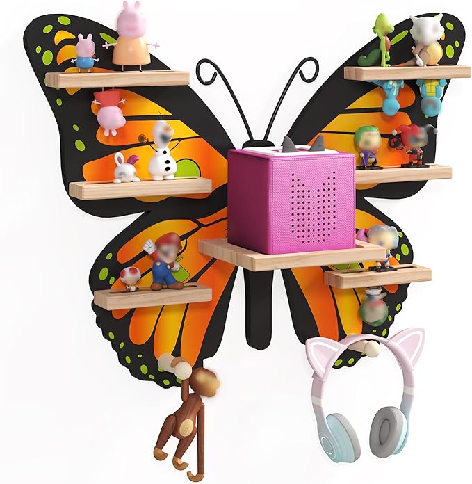 Orange Butterfly Tonie Shelf for Tonie and Box - Magnetic Wooden Floating Shelf for Figure Storage,Cute Tonie Wall Shelf for 